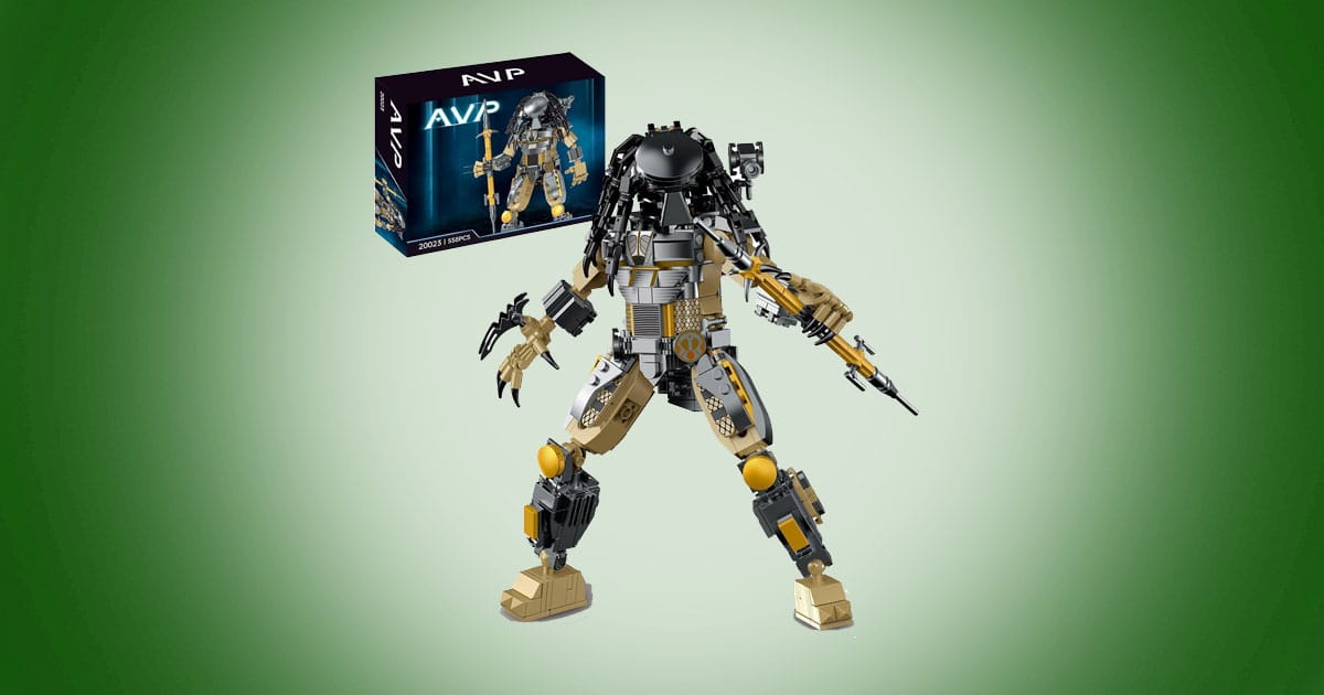 Lego-compatible alien warrior action figure building kit posed with weapon and packaging on green background.