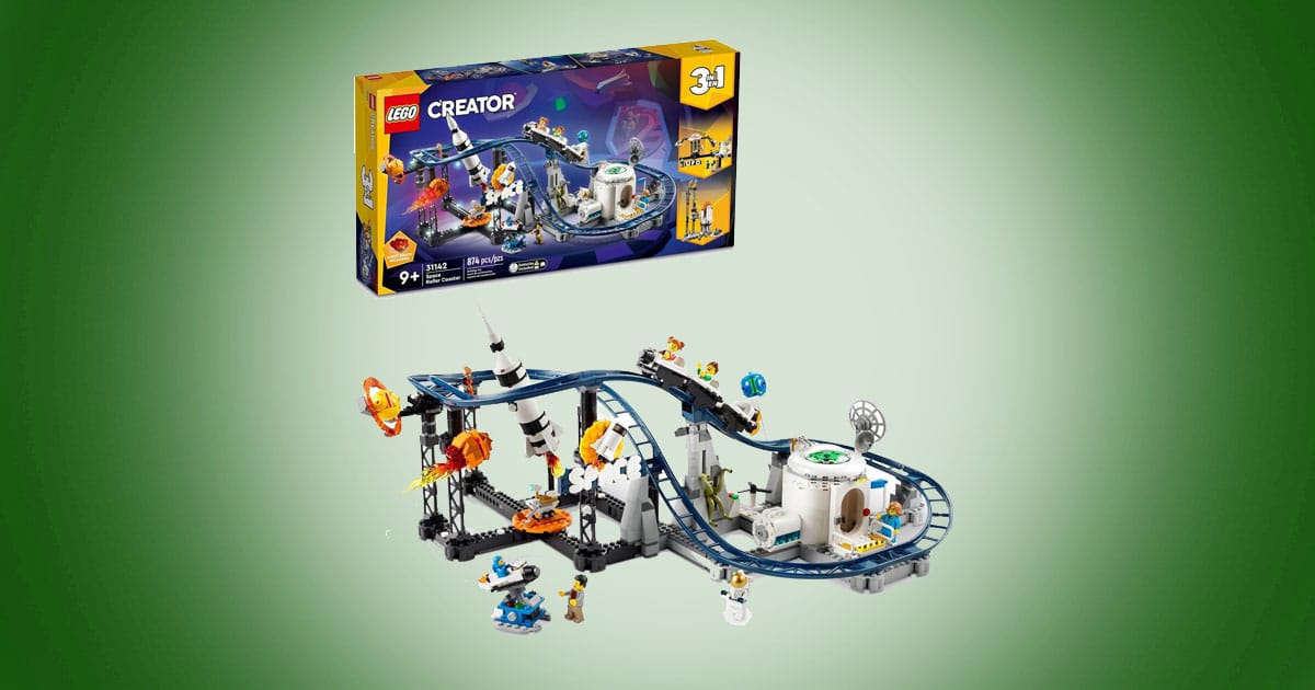 LEGO Creator 3-in-1 Space Roller Coaster set with track, rockets, and minifigures shown with box on green background.