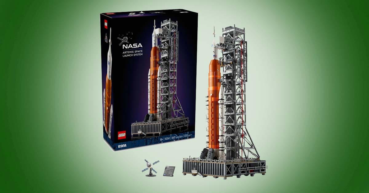 LEGO Icons NASA Artemis Space Launch System rocket model with launch tower and box shown on green background.
