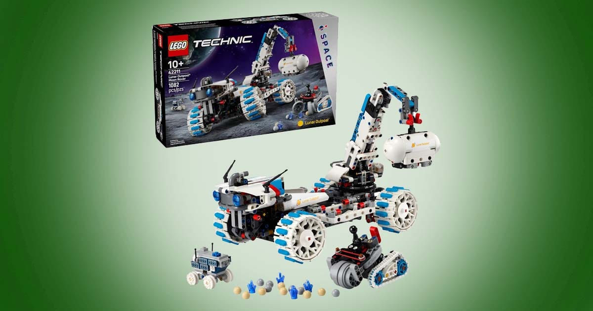 LEGO Technic Lunar Outpost Moon Rover building set with articulated arm, sample containers, and box displayed on green background.