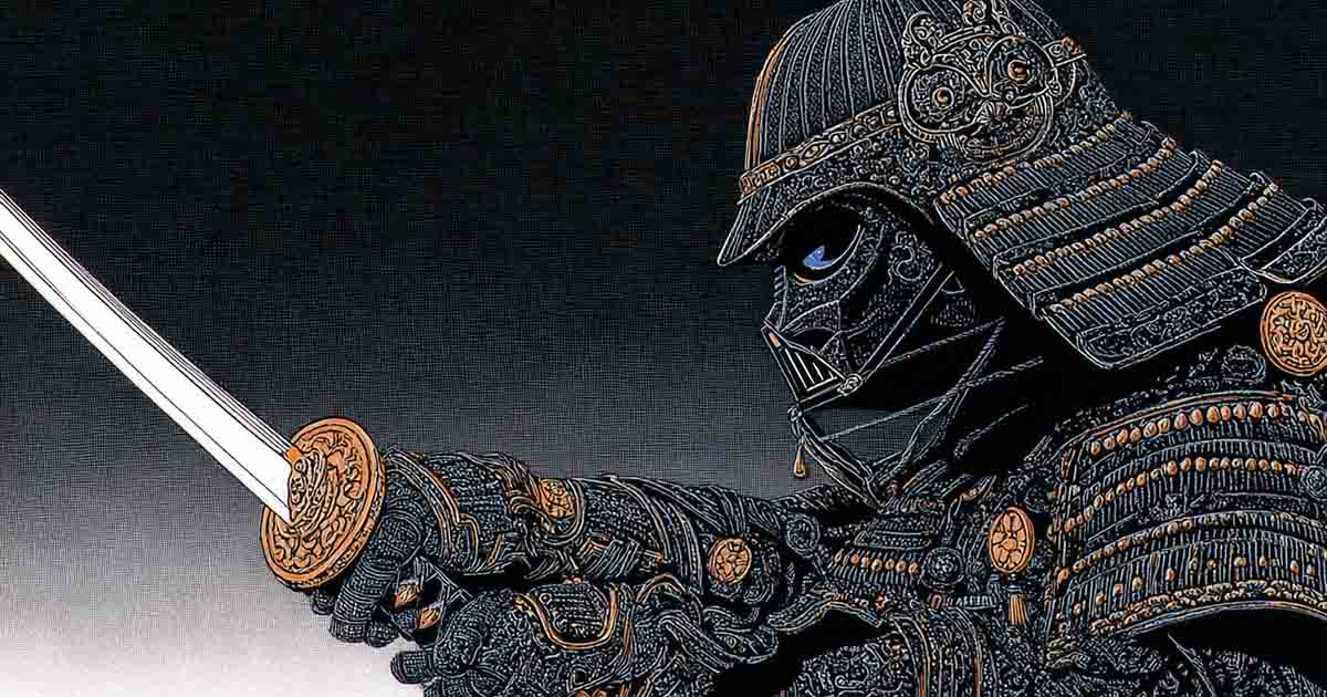 Artwork of Darth Vader depicted as a samurai in black armor with a sword.
