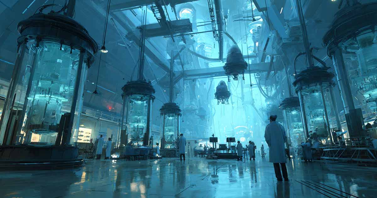 Futuristic research laboratory filled with glowing glass chambers and scientists in white coats, cool blue light reflecting across metallic floors, symbolizing human innovation and overconfidence.