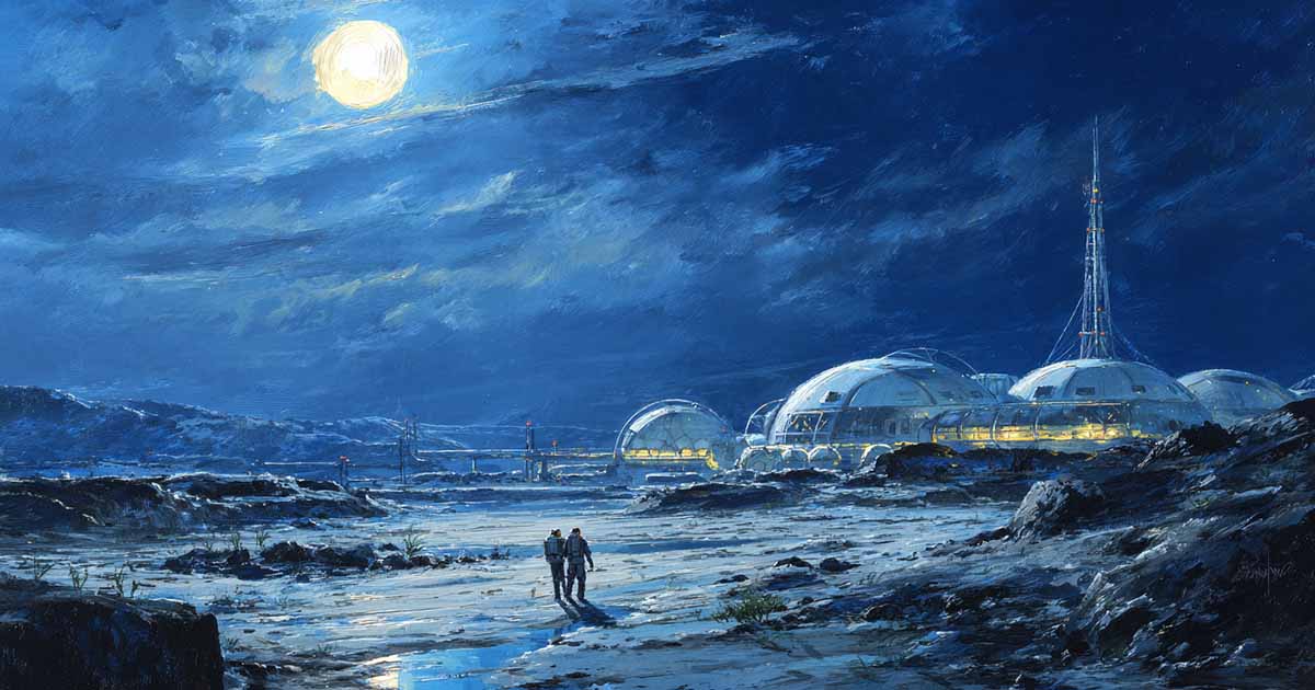 Lunar landscape under a full moon with astronauts walking toward domed habitats glowing softly in blue light, representing reflection, solitude, and the hope of redemption.