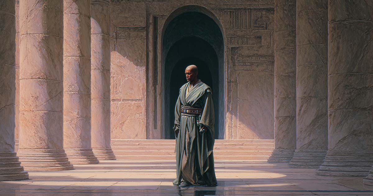 Jedi standing in temple with calm expression reflecting faith in the Jedi Code and moral strength.