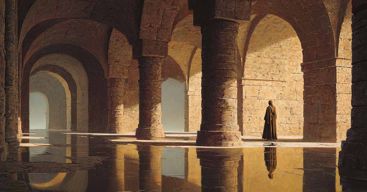 Jedi walking through stone arches showing reflection and the disciplined life of the Jedi Order.
