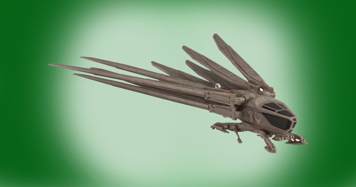 Hallmark Keepsake Dune 2025 Atreides Royal Ornithopter ornament featuring the detailed bird-like aircraft design with folded wings and hanger attachment.