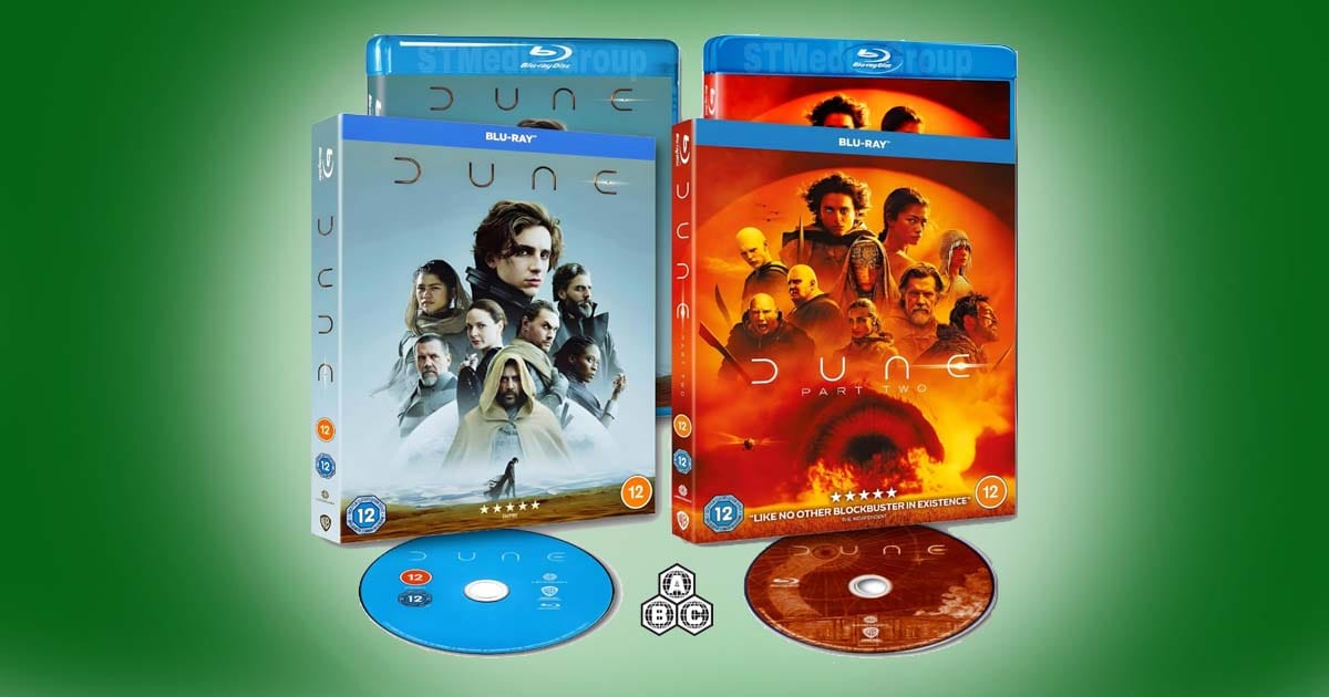 Blu-ray collection of Dune Part One and Dune Part Two featuring movie covers and discs displayed on a green background.