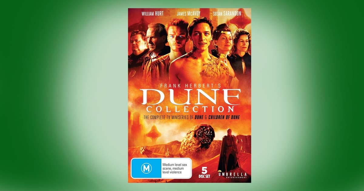 DVD cover of Frank Herbert’s Dune Collection showing main cast from the TV miniseries Dune and Children of Dune on an orange desert-themed background.