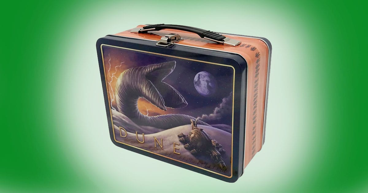 Factory Entertainment Dune tin lunchbox featuring artwork of a giant sandworm rising from the desert under a moonlit sky.