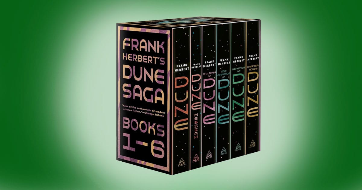 Frank Herbert’s Dune Saga six-book boxed set featuring Dune, Dune Messiah, Children of Dune, God Emperor of Dune, Heretics of Dune, and Chapterhouse Dune.