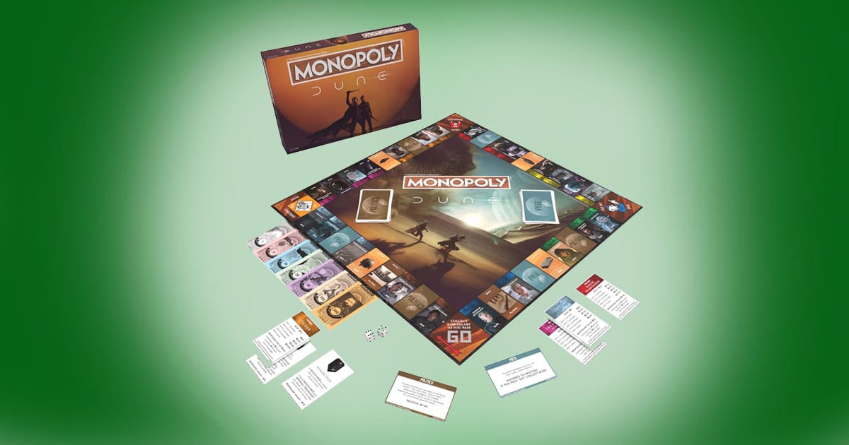 Monopoly Dune edition board game set showing game board, cards, currency, dice, and box featuring desert artwork inspired by the Dune movies.