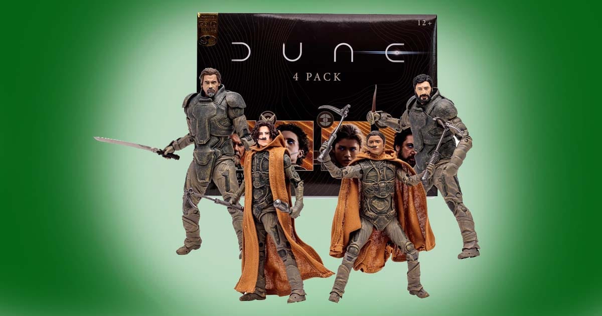 McFarlane Toys Dune Part Two four-figure set featuring Paul Atreides, Chani, Gurney Halleck, and Stilgar action figures posed in front of the Gold Label 4-pack box.