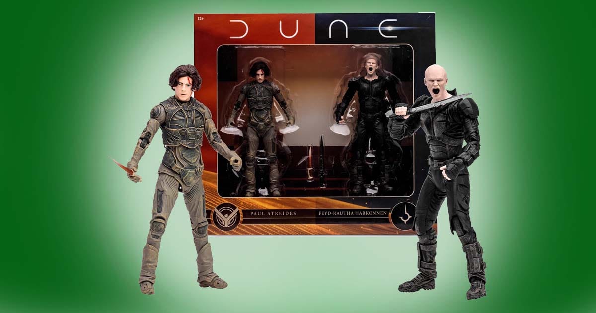 Collectible Dune Part Two figure set featuring Paul Atreides and Feyd-Rautha Harkonnen action figures posed in front of the packaging box.