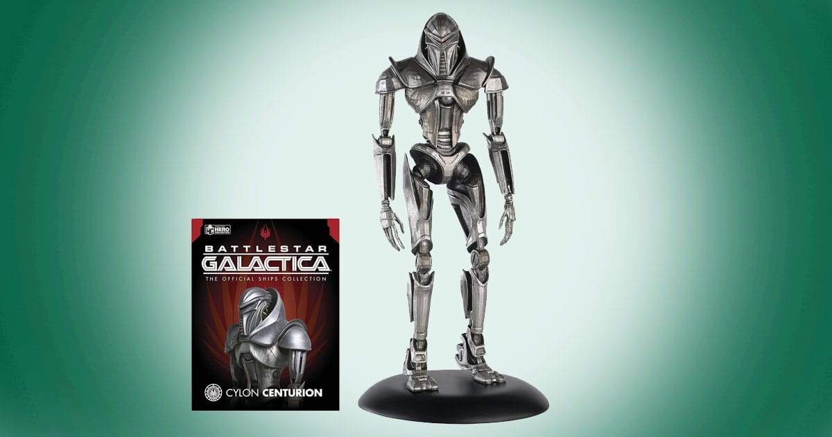 Battlestar Galactica Cylon Centurion figurine with collector magazine on display stand.
