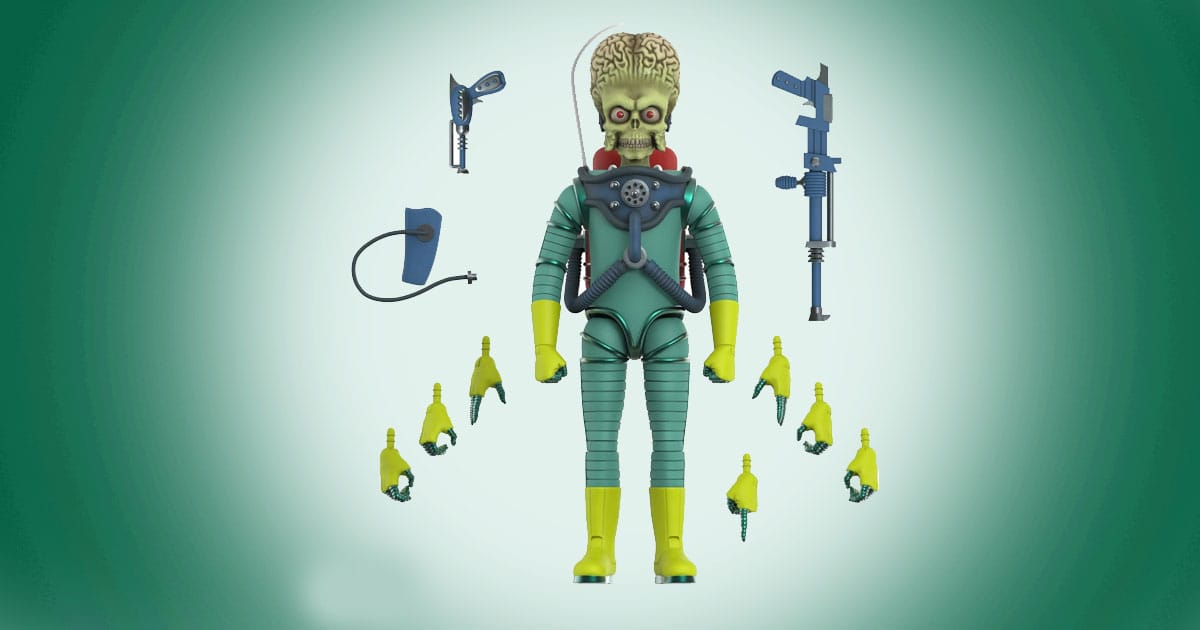 Mars Attacks action figure with interchangeable hands and weapons from Super7.