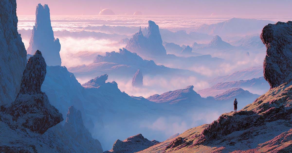 A high overlook bathed in soft light reveals a distant misty landscape with rocky shapes and a small figure standing near the edge.