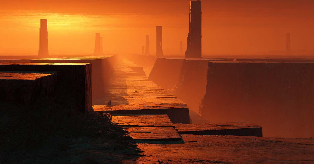 A lone traveler walks along massive sunlit terraces that stretch toward distant towers in a deep glowing landscape.