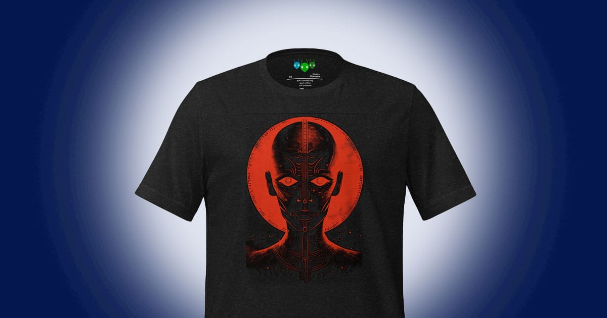 Black T-shirt with a red radiographic alien head design on the front.