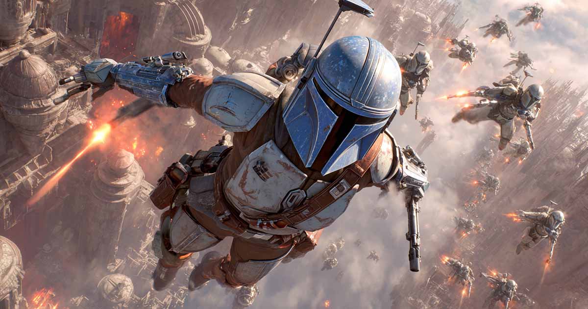 Bo-Katan Kryze leading Mandalorian warriors through battle using jetpacks over a burning city.