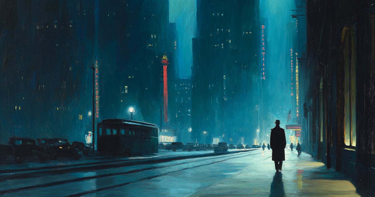 Solitary figure walking through a neon-lit city street at night surrounded by tall dark buildings.