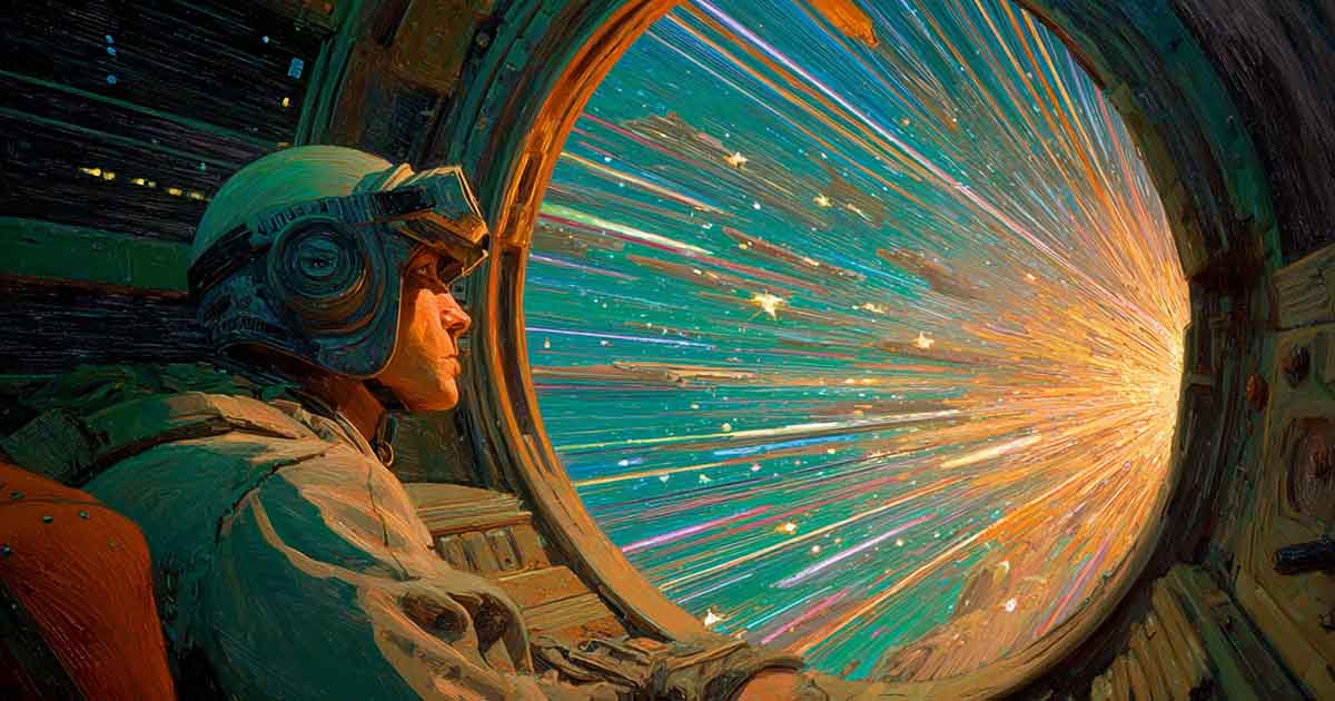 A soldier gazes through a starship window as starlight stretches into color and time bends around him.
