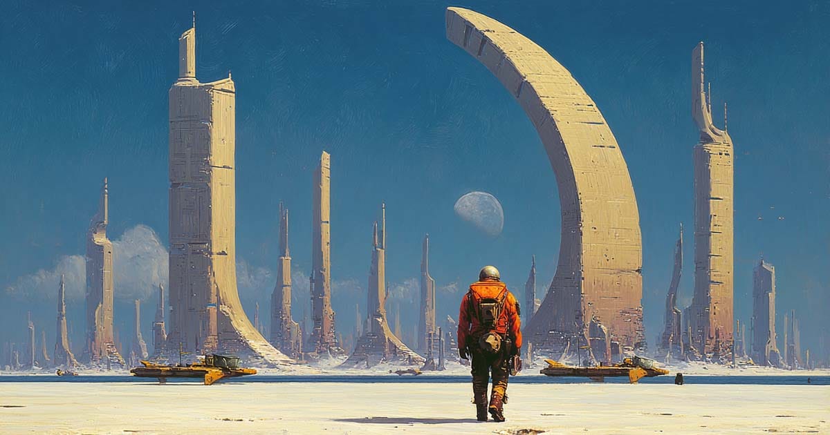 A tired astronaut walks toward a distant city of light, carrying the weight of forgotten wars.