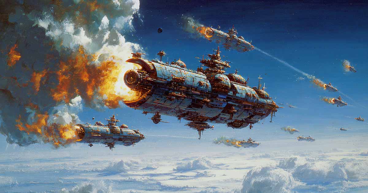 Gigantic warships blaze through a silent sky, their engines burning against clouds and eternity.