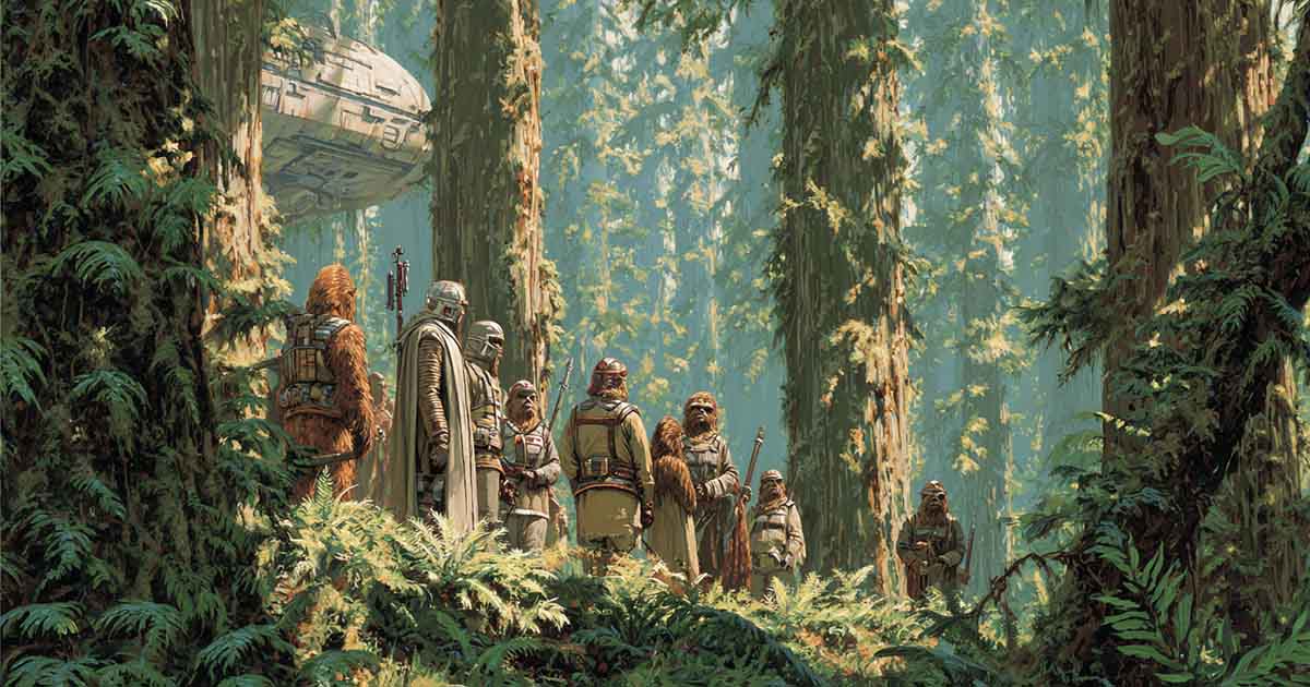 Wookiee elders and warriors gathered for a ceremonial life debt ritual under towering forest canopies of Kashyyyk.