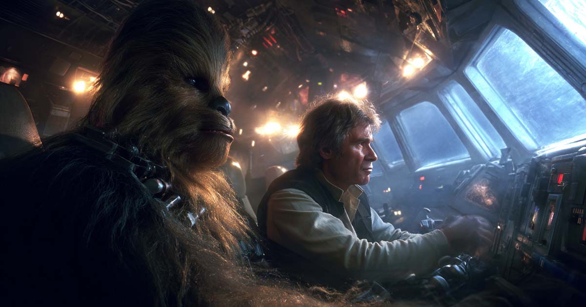 Chewbacca and Han Solo piloting the Millennium Falcon through hyperspace, illuminated by starlight, symbolizing the trust and loyalty of the Wookiee life debt.