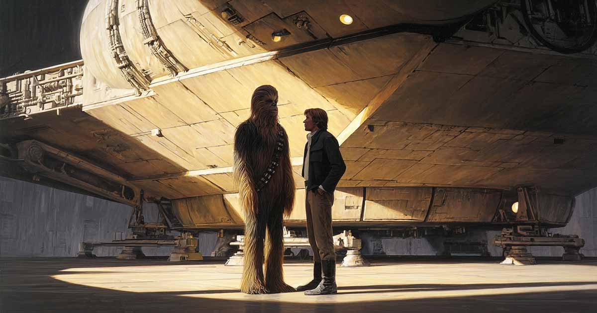 Wookiee warrior and human companion standing among immense forest trees, sunlight filtering through, symbolizing loyalty and honor in Star Wars mythology.