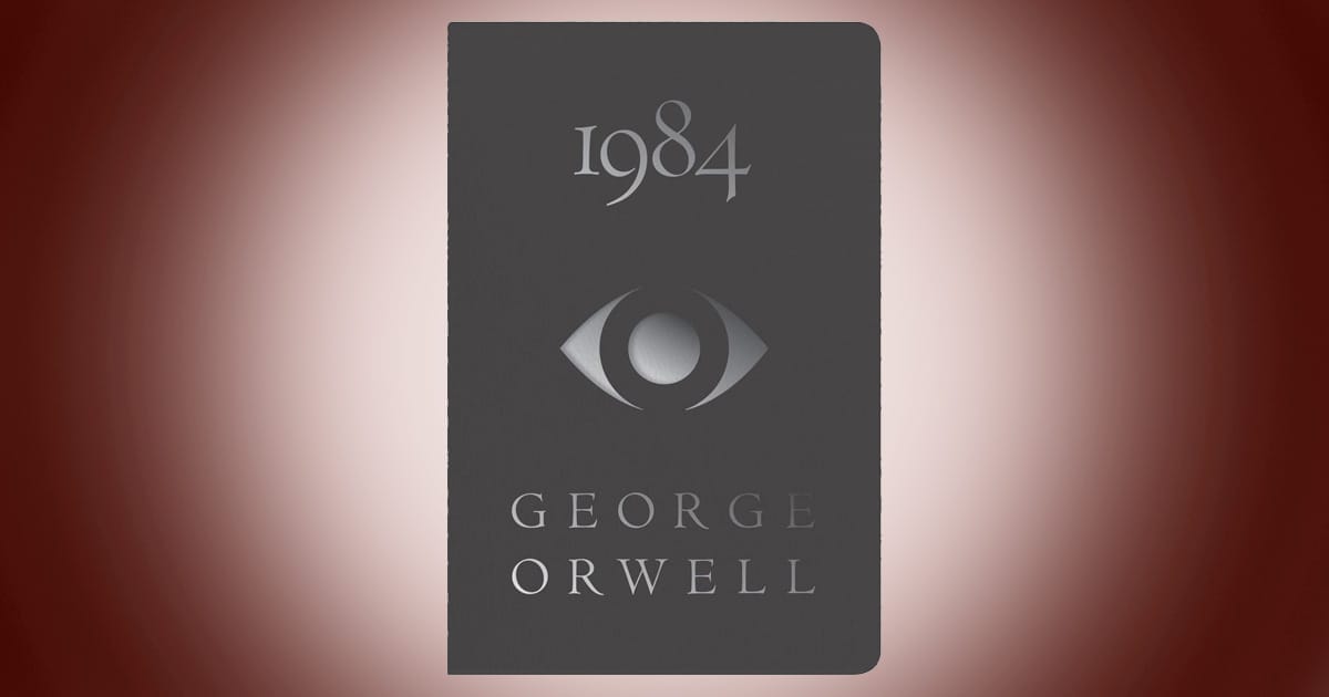 Cover of 1984 by George Orwell classic dystopian science fiction novel featuring minimalist black design with silver eye symbol.