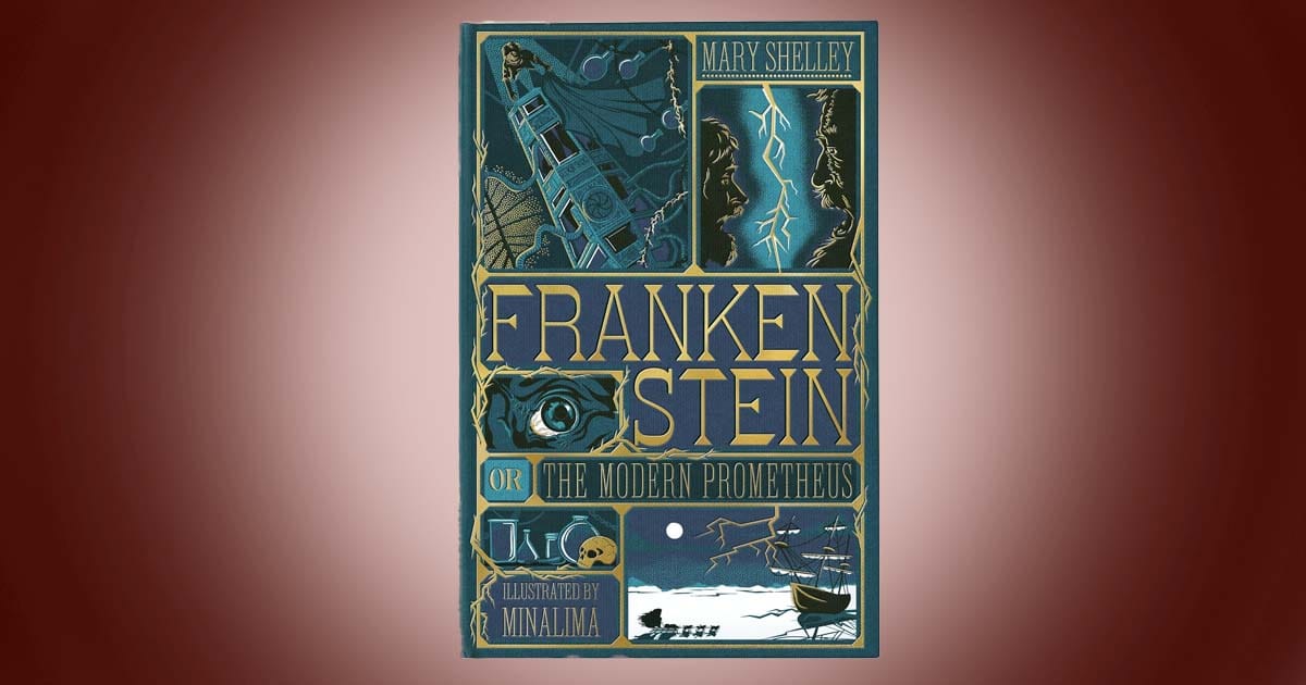 Cover of Frankenstein by Mary Shelley MinaLima Edition classic science fiction novel with illustrated blue and gold design.