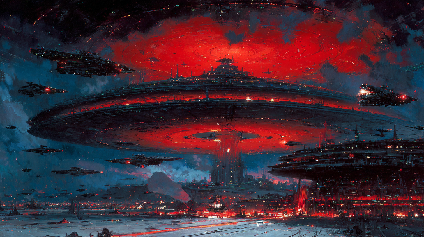 Colossal ships and red-glowing fortresses hang in the sky as the First Order rebuilds its power in secret space.