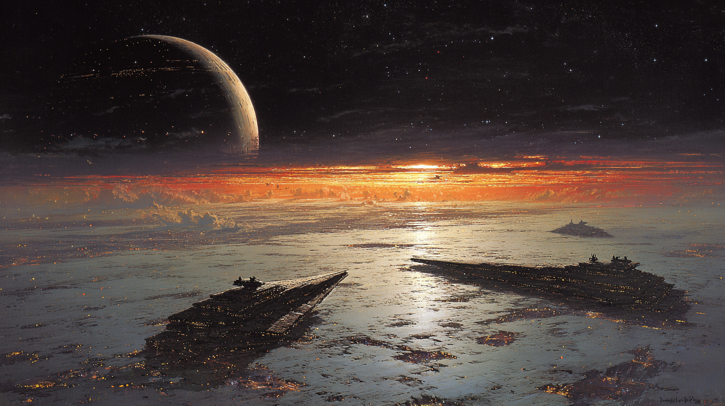 Abandoned Star Destroyers float above a planet’s surface under a red sunset, a shattered moon beyond them representing the fall of tyranny.