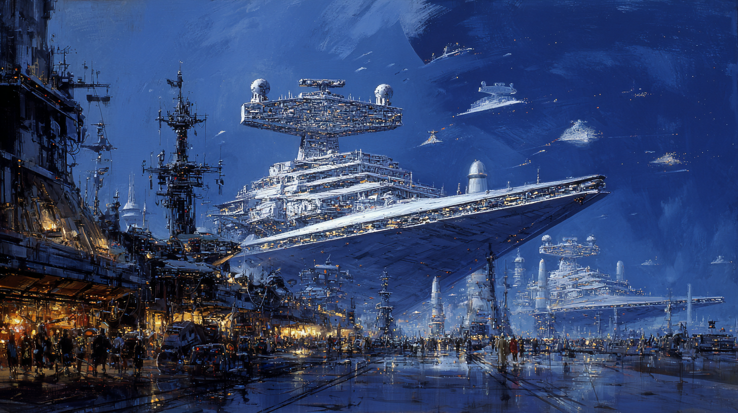 Massive Imperial Star Destroyers lift into orbit from a crowded city under blue light, symbolizing the birth of the Galactic Empire.