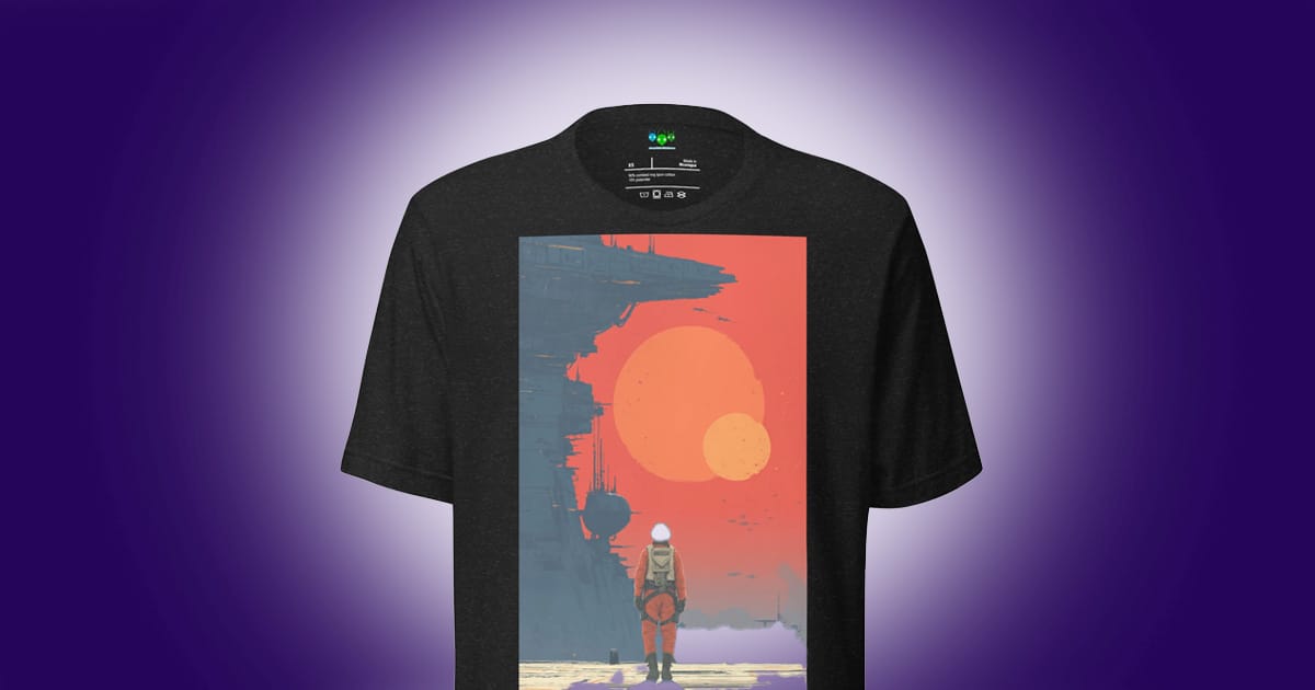 T-shirt featuring a lone astronaut facing twin suns beside a futuristic structure.