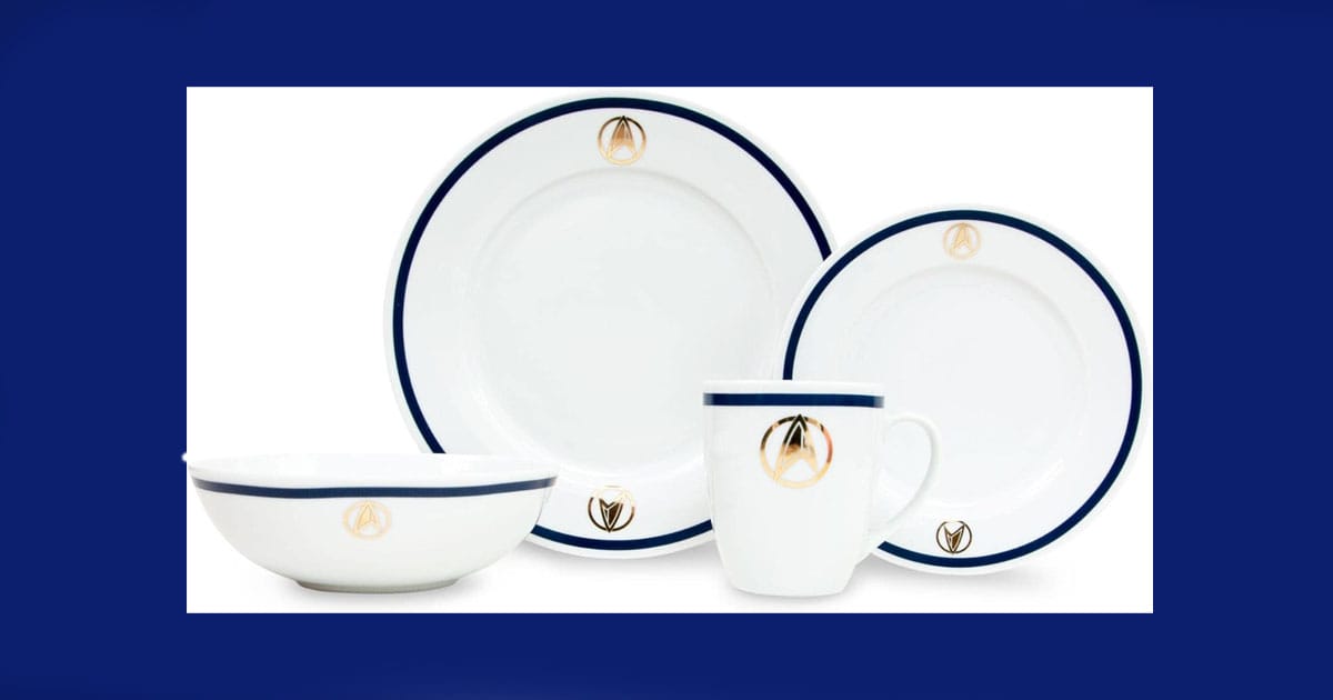 Star Trek Picard inspired ceramic dinnerware set showing plates bowls and mug with 25th century Starfleet insignia on a white and blue design.