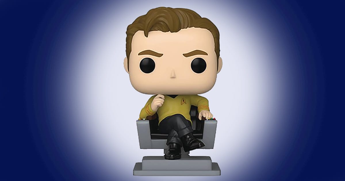 Funko Pop Star Trek Captain Kirk seated in the captain’s chair collectible vinyl figure shown against a blue background.