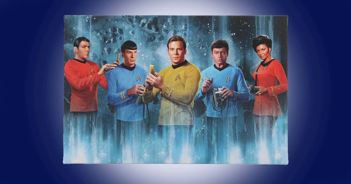 Vintage style Star Trek Original Series canvas wall art showing Captain Kirk Spock McCoy Scotty and Uhura in classic Starfleet uniforms.