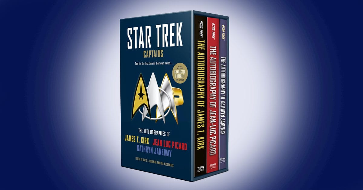 Star Trek Captains autobiographies boxed set featuring books for James T Kirk Jean Luc Picard and Kathryn Janeway with slipcase and portrait art.