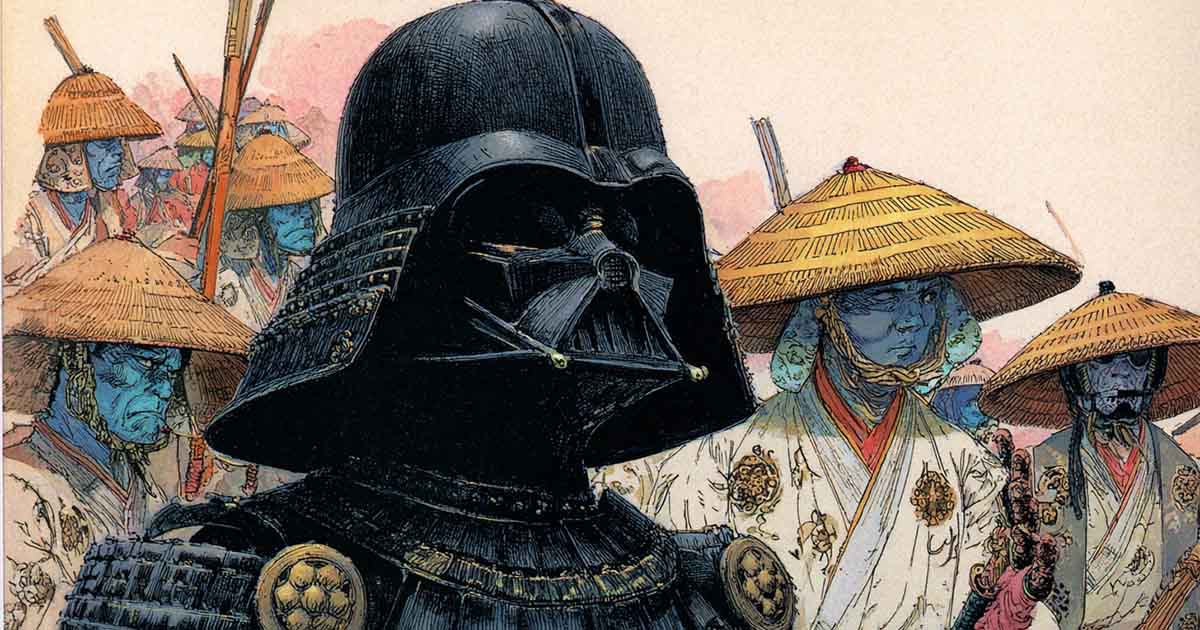 Illustration of Darth Vader’s helmet and armor with visual elements inspired by Japanese samurai warriors in the background.
