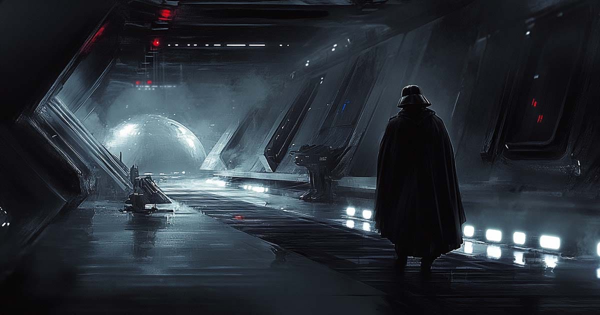 Darth Vader walking alone through a long Imperial corridor seen from behind wearing black armor and cape.