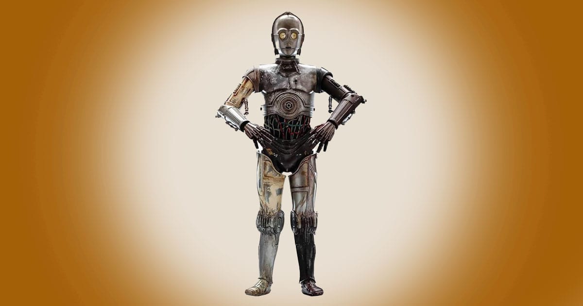 Hot Toys C-3PO sixth scale Star Wars figure with exposed wiring and weathered metallic body.