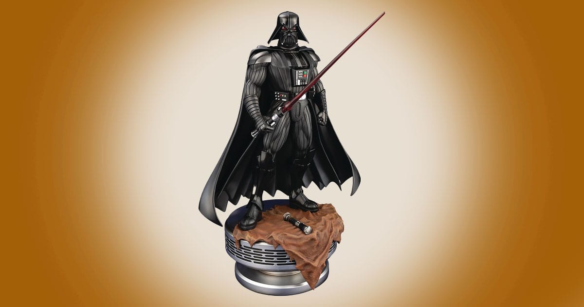 Darth Vader artist series Star Wars statue holding red lightsaber on sculpted display base.