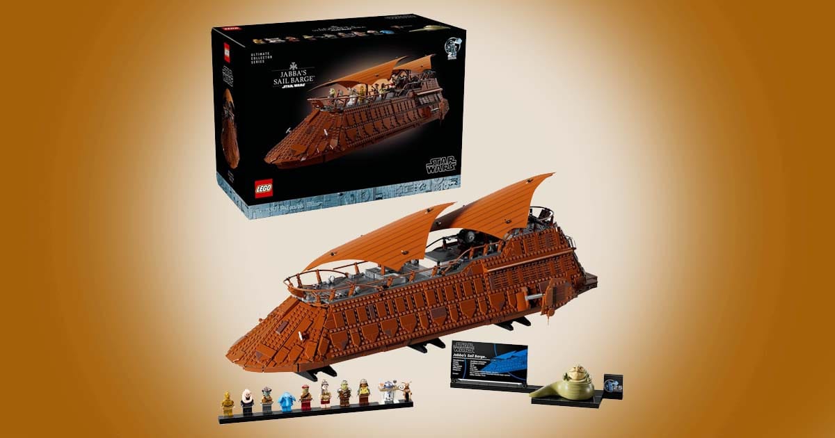 LEGO Star Wars Jabba’s Sail Barge Ultimate Collector Series set with minifigures and display stand.