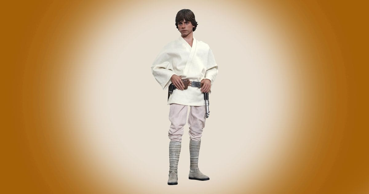 Luke Skywalker sixth scale figure from Star Wars A New Hope standing in white tunic.