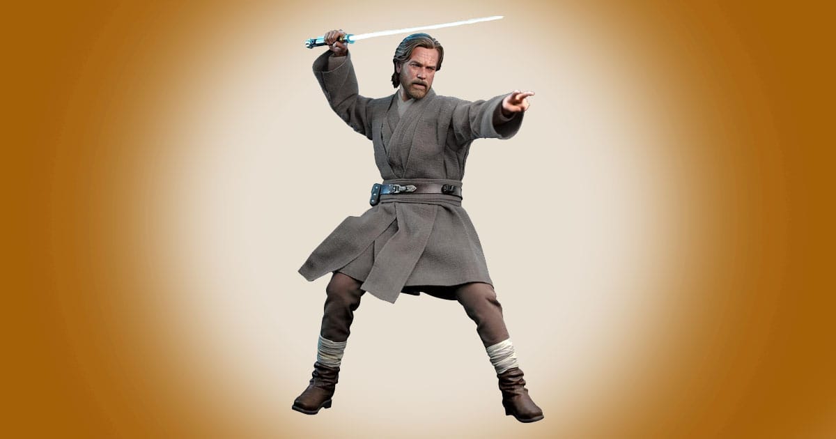 Obi-Wan Kenobi sixth scale Star Wars figure with blue lightsaber in dynamic pose.