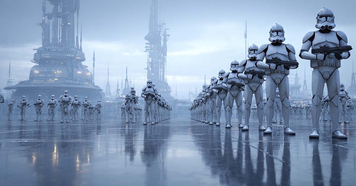 Clone troopers standing in organized ranks on Kamino, showing standardized armor and military formation.