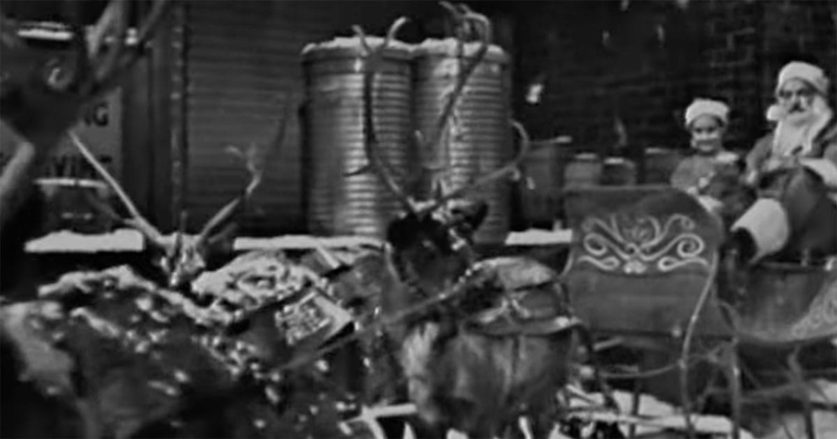 Santa Claus riding a sleigh during a Christmas episode of The Twilight Zone in black and white.