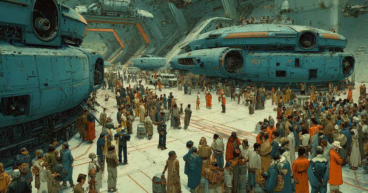 Large crowd of people gathered inside an enormous alien space station hangar surrounded by ancient spacecraft conveying scale risk and desperation.